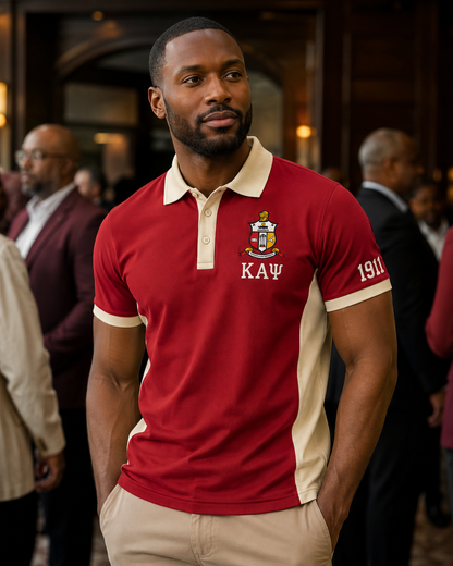 Lifestyle view of a Kappa Alpha Psi crimson and cream embroidered panel polo