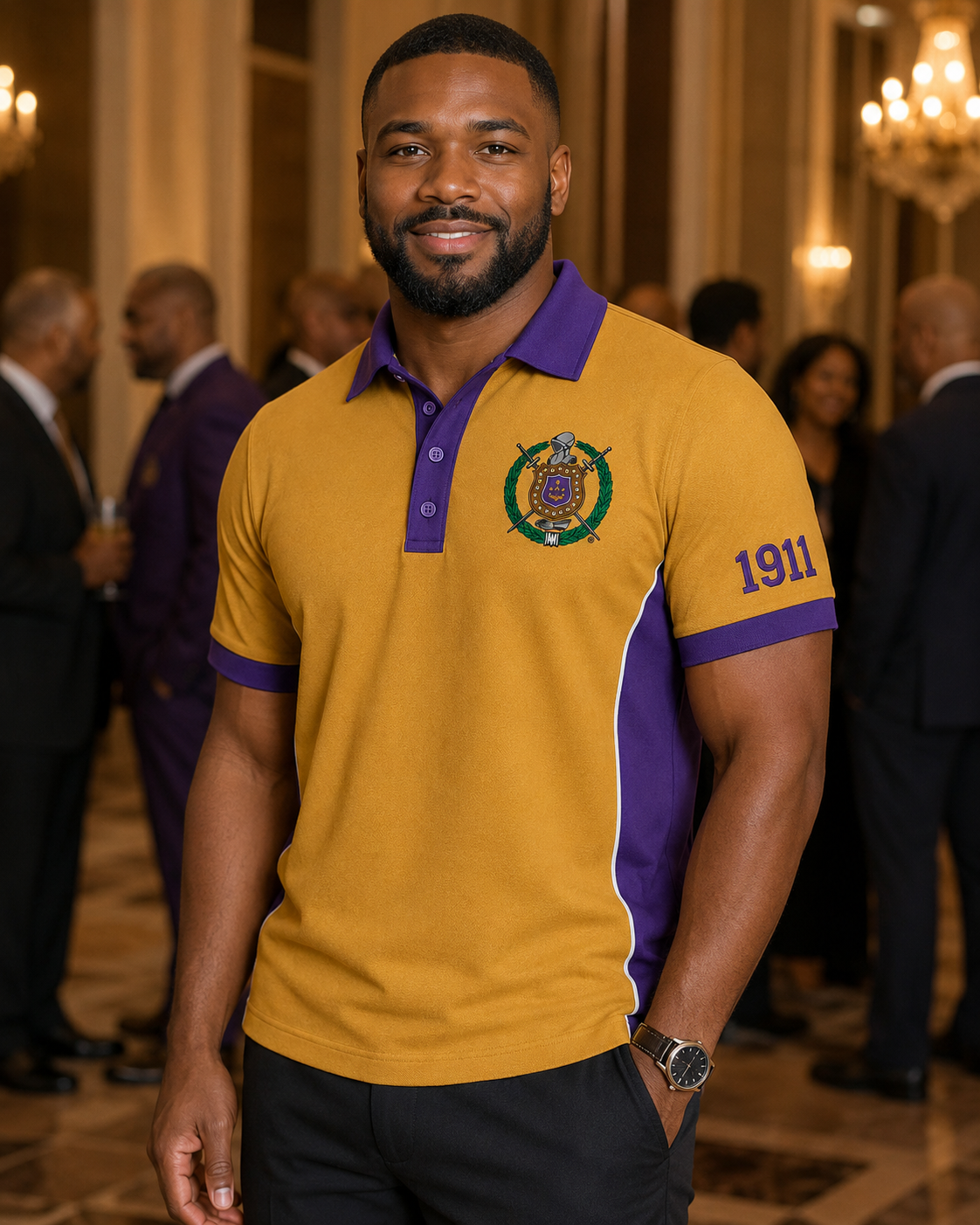 Lifestyle view of an Omega Psi Phi old gold and royal purple embroidered panel polo