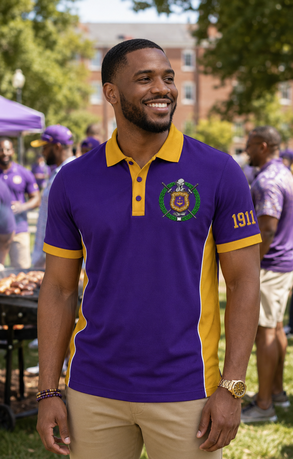 Lifestyle view of an Omega Psi Phi royal purple and old gold embroidered panel polo