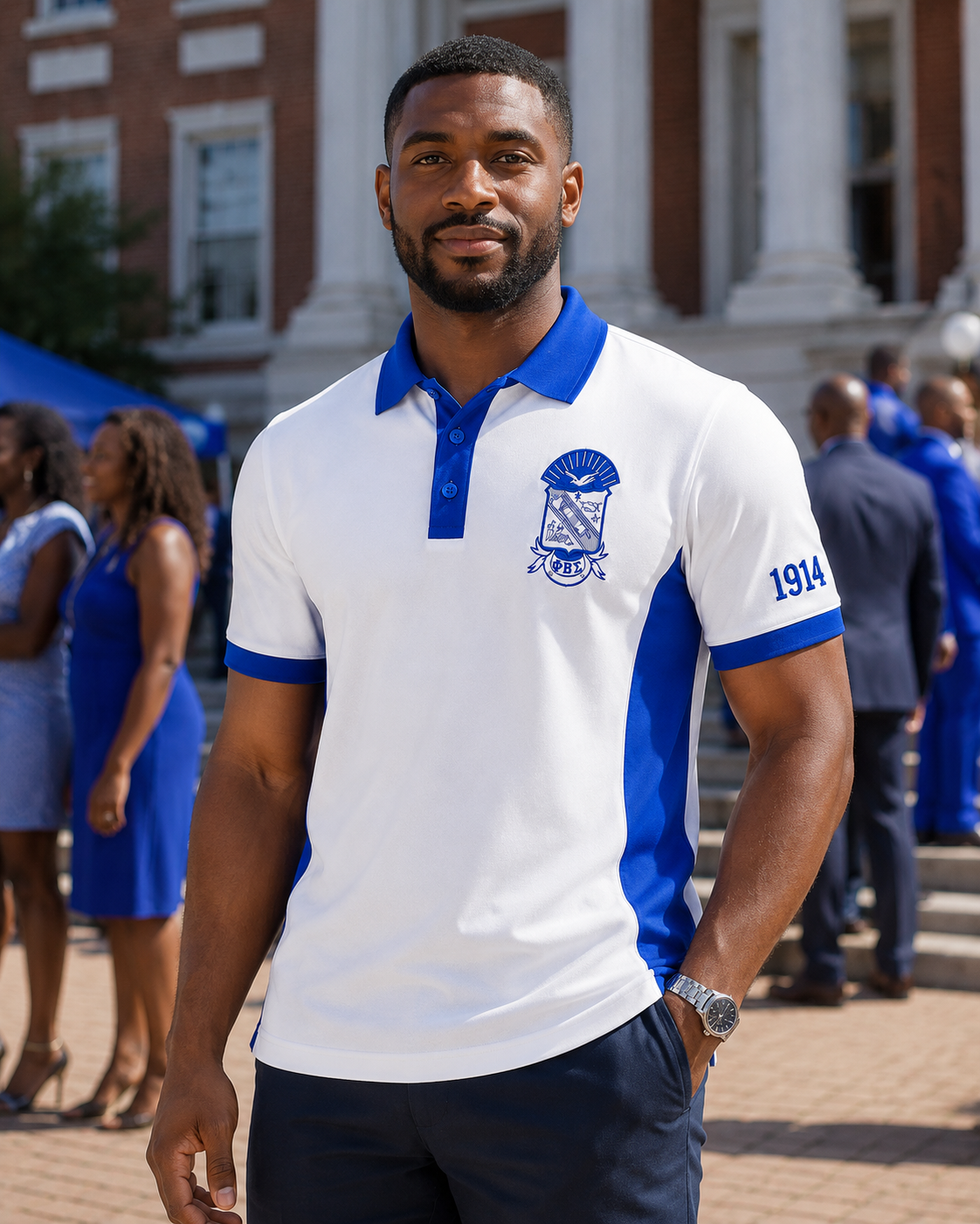 Lifestyle view of a Phi Beta Sigma pure white and royal blue embroidered panel polo