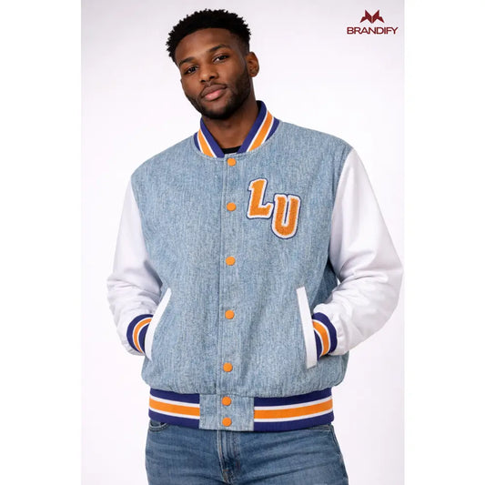 Custom Lincoln University Denim Bomber Jacket front view with personalized college design
