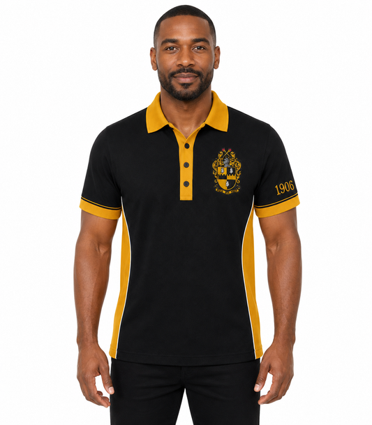 Studio model wearing an Alpha Phi Alpha black and old gold embroidered panel polo