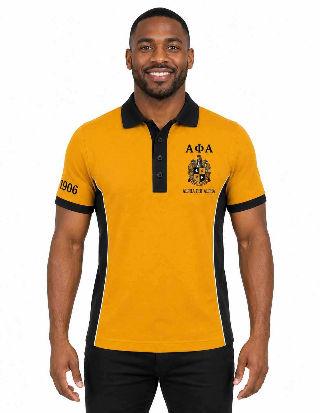 Studio model wearing an Alpha Phi Alpha old gold and black embroidered panel polo