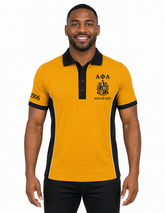 Studio model wearing an Alpha Phi Alpha old gold and black embroidered panel polo