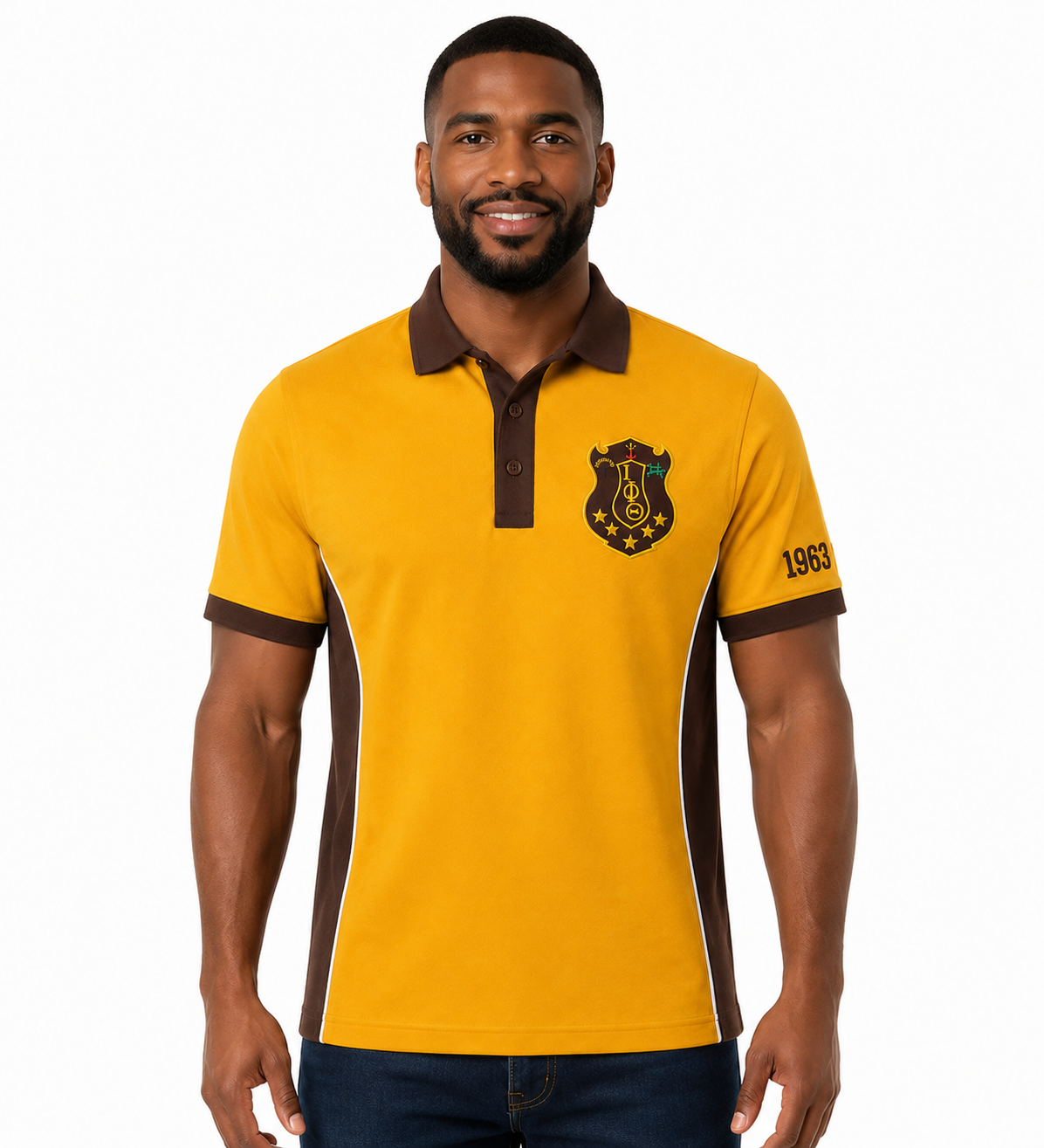 Studio model wearing an Iota Phi Theta gold and brown embroidered panel polo