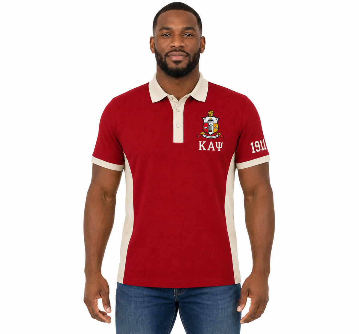 Studio model wearing a Kappa Alpha Psi crimson and cream embroidered panel polo