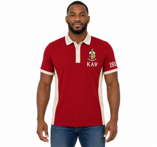 Studio model wearing a Kappa Alpha Psi crimson and cream embroidered panel polo