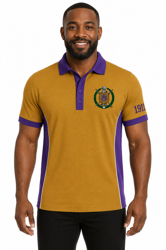 Studio model wearing an Omega Psi Phi old gold and royal purple embroidered panel polo