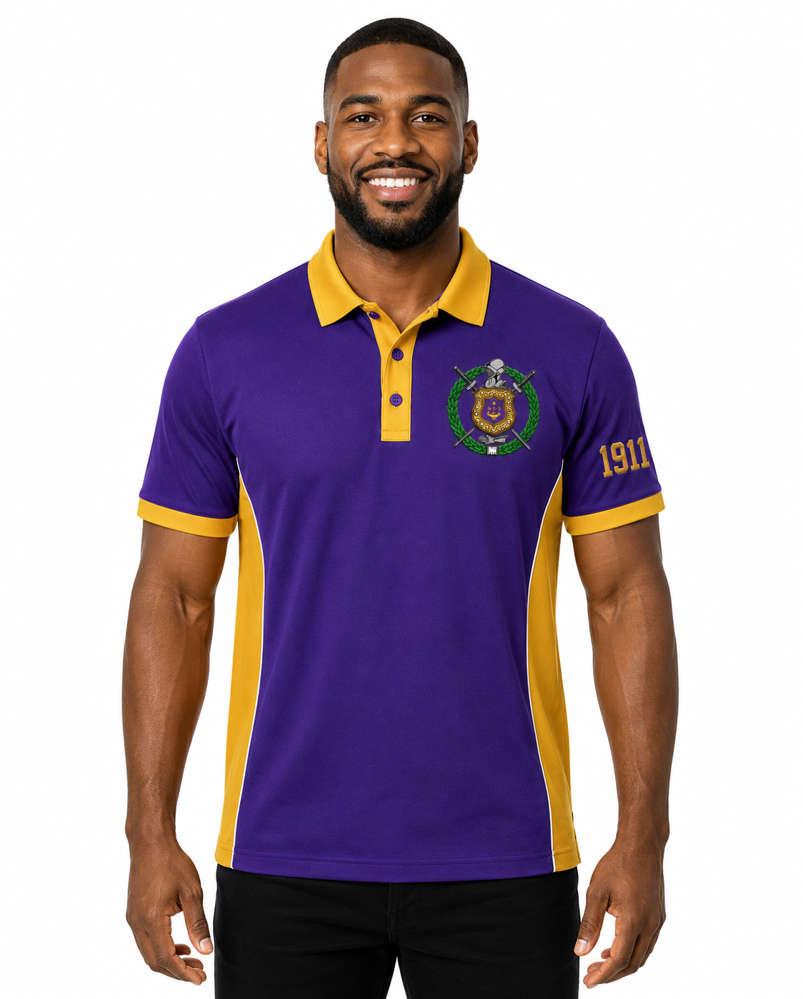 Studio model wearing an Omega Psi Phi royal purple and old gold embroidered panel polo