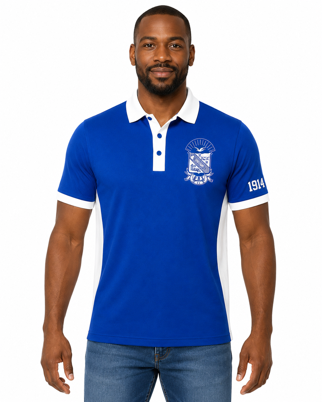 Studio model wearing a Phi Beta Sigma royal blue and pure white embroidered panel polo