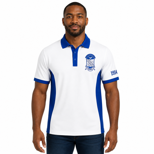 Studio model wearing a Phi Beta Sigma pure white and royal blue embroidered panel polo