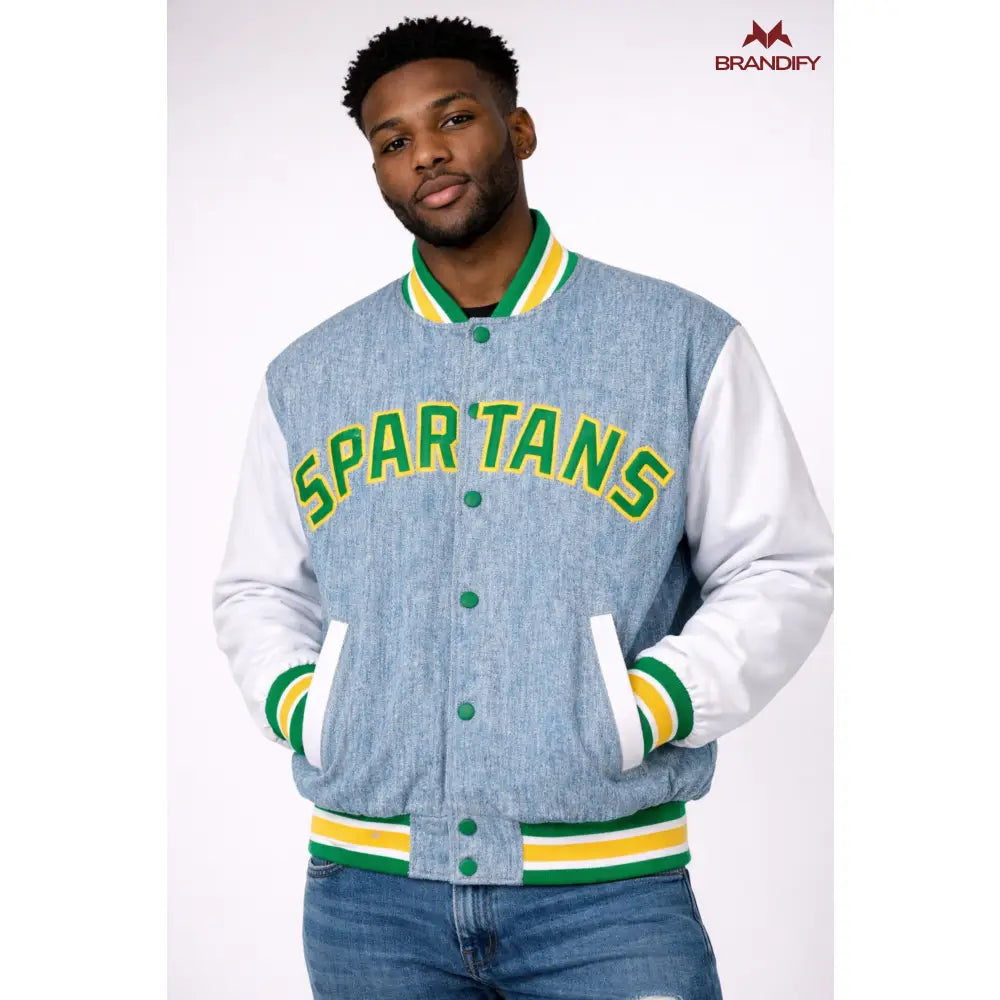 Custom Norfolk State University Denim Bomber Jacket front view with personalized college design