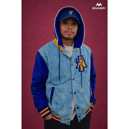 Custom Custom North Carolina A&T Denim Bomber | Custom D9 personalized Greek apparel design