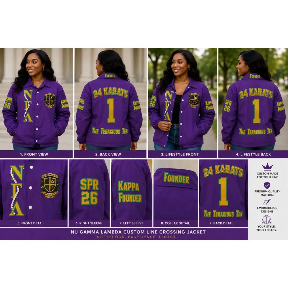 Green / Red custom embroidered Varsity Line Jacket with personalized front, back, and sleeve embroidery