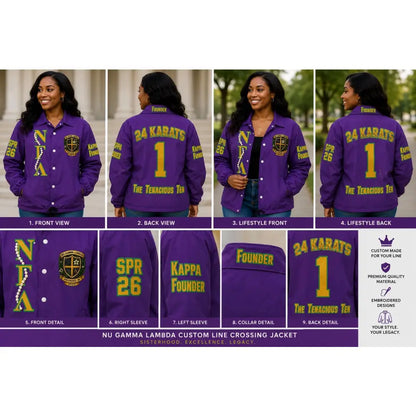 Green / Red custom embroidered Varsity Line Jacket with personalized front, back, and sleeve embroidery