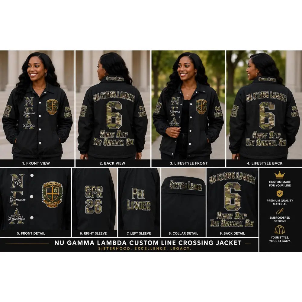 Green / Red custom embroidered Varsity Line Jacket with personalized front, back, and sleeve embroidery