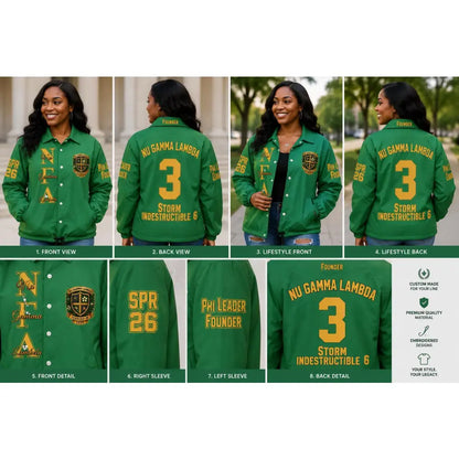 Green / Red custom embroidered Varsity Line Jacket with personalized front, back, and sleeve embroidery