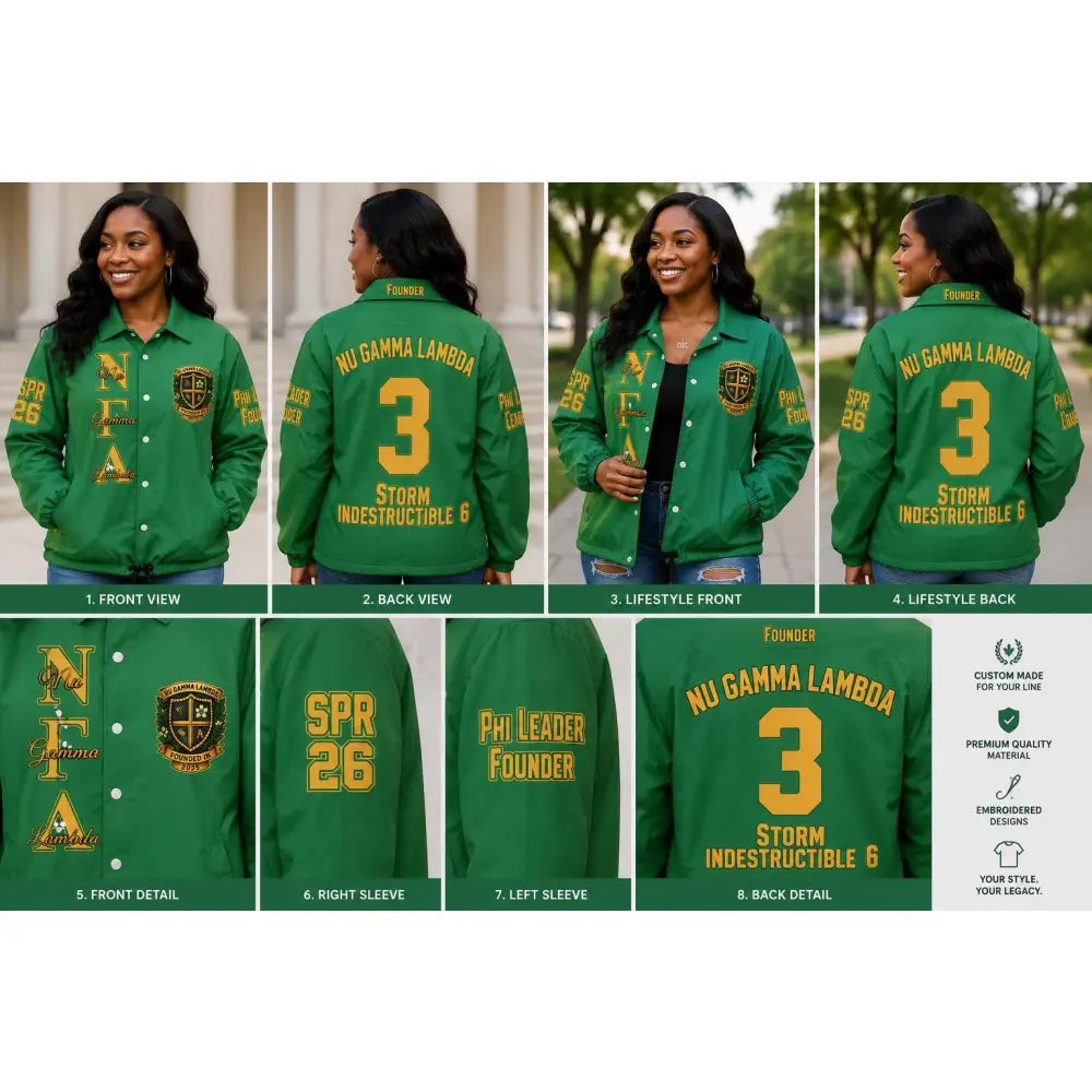 Green / Red custom embroidered Varsity Line Jacket with personalized front, back, and sleeve embroidery