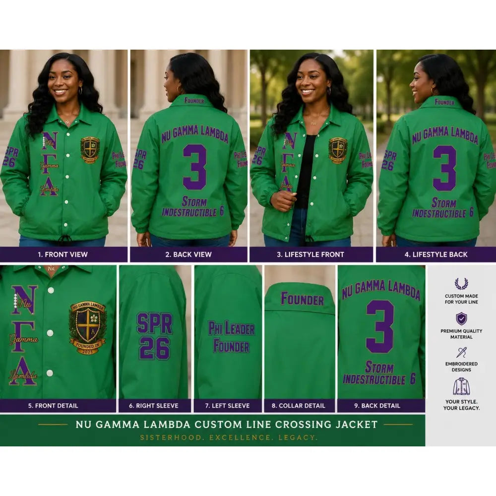 Green / Red custom embroidered Varsity Line Jacket with personalized front, back, and sleeve embroidery