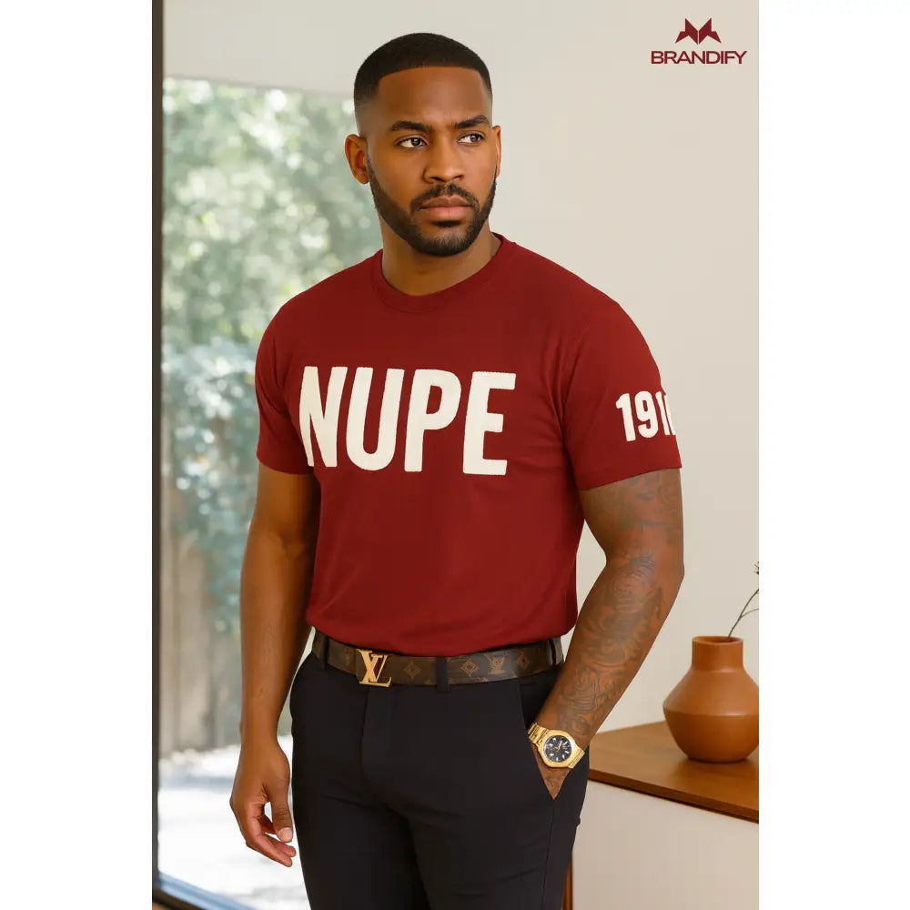 Custom Sleeve Design Omega Psi Phi Chenille Tee front view with raised chenille Greek lettering
