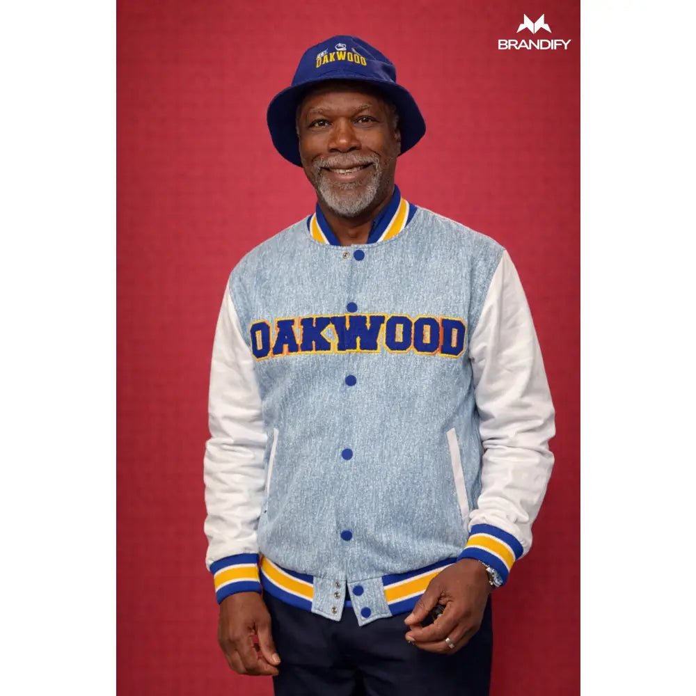 Custom Oakwood University Denim Bomber Jacket back view with custom school name and details