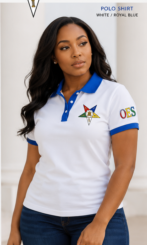 Model wearing an Order of the Eastern Star white polo with royal blue trim and OES embroidery