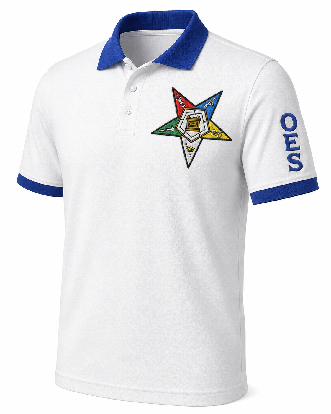 Order of the Eastern Star white and royal blue embroidered polo shirt