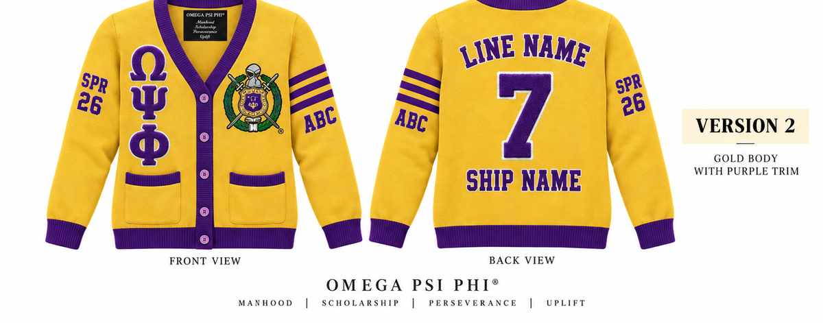 Omega Psi Phi gold and purple cardigan shown front and back with sample line personalization