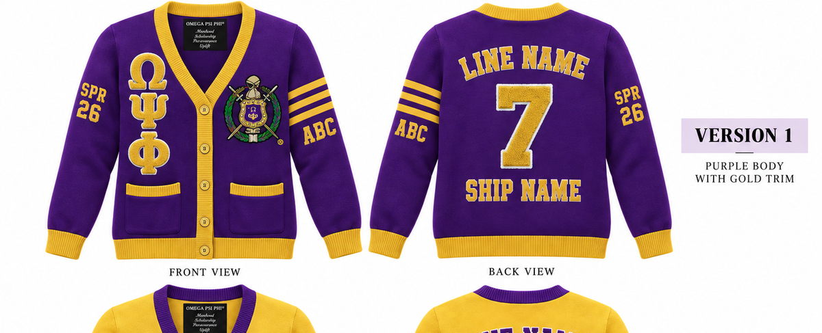 Omega Psi Phi purple and gold cardigan shown front and back with sample line personalization