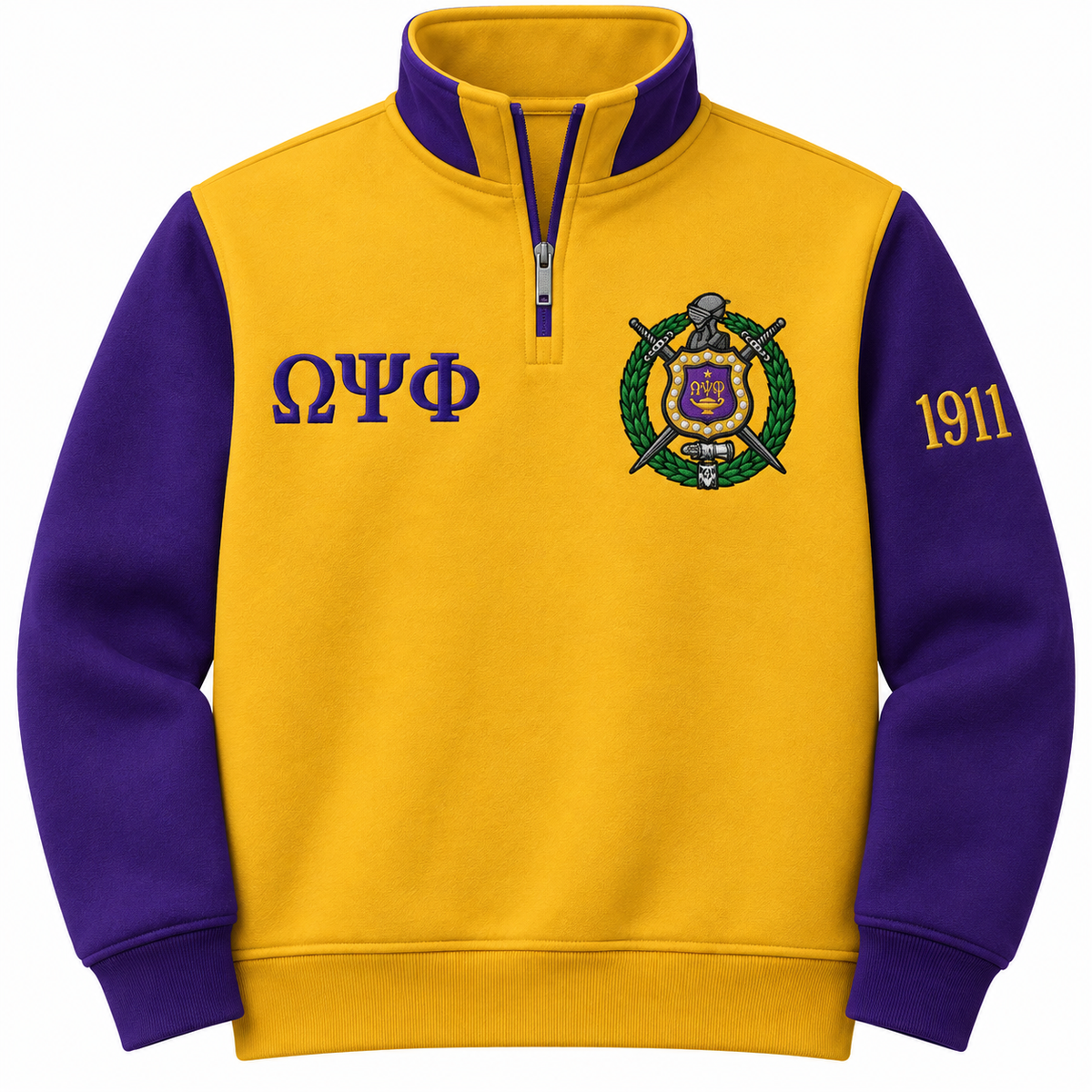 Omega Psi Phi old gold and royal purple quarter-zip front with Greek letters, crest, and sleeve year