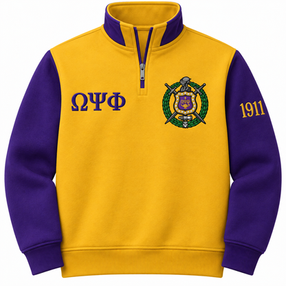 Omega Psi Phi old gold and royal purple quarter-zip front with Greek letters, crest, and sleeve year