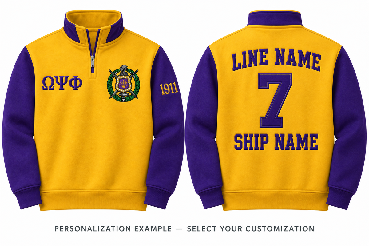 Omega Psi Phi old gold and royal purple quarter-zip front and back personalization example