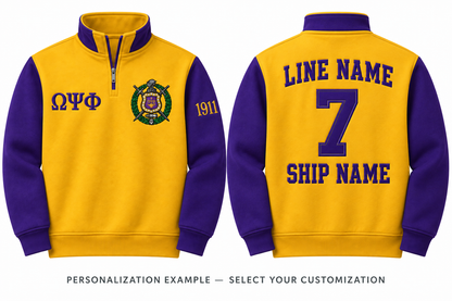 Omega Psi Phi old gold and royal purple quarter-zip front and back personalization example