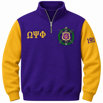 Omega Psi Phi royal purple and old gold quarter-zip front with Greek letters, crest, and sleeve year