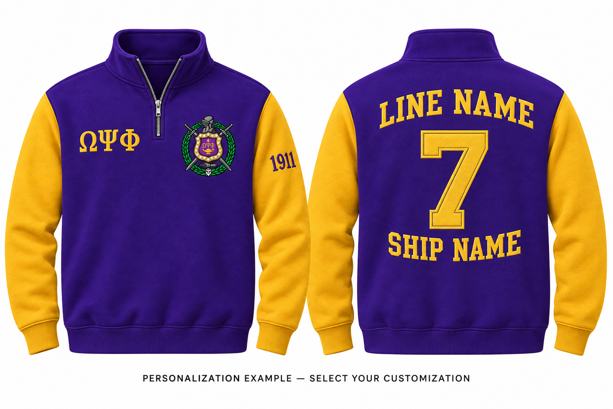 Omega Psi Phi royal purple and old gold quarter-zip front and back personalization example