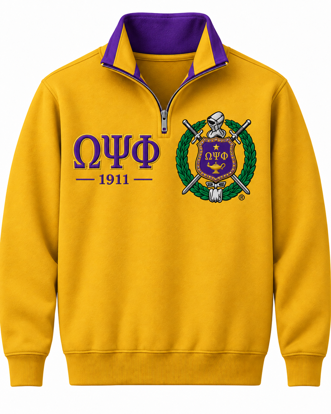 Omega Psi Phi gold and purple quarter-zip sweatshirt