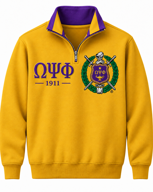 Omega Psi Phi gold and purple quarter-zip sweatshirt