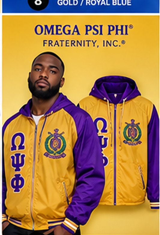Omega Psi Phi gold and purple embroidered windbreaker with Omega Psi Phi letters and crest