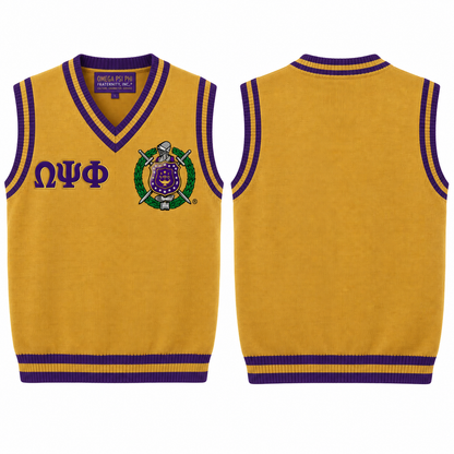 Omega Psi Phi old gold and purple varsity sweater vest with crest and Greek letters, front and back views