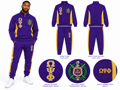 Custom Omega Psi Phi embroidered two-piece track suit