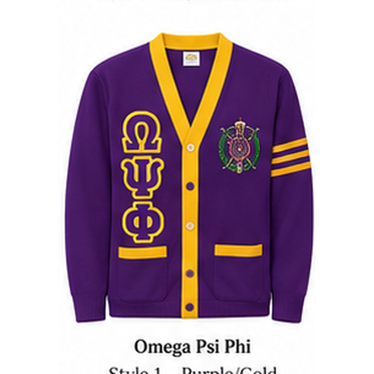 Omega Psi Phi purple cardigan with gold trim, stacked Greek letters and crest