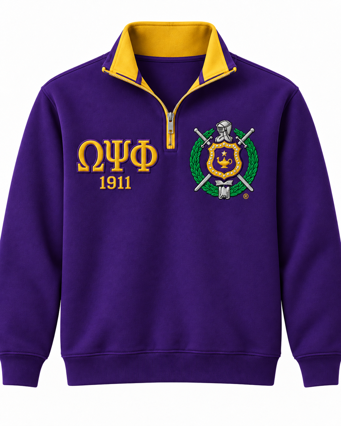 Omega Psi Phi purple and gold quarter-zip sweatshirt