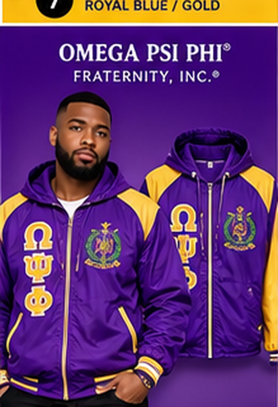 Omega Psi Phi purple and gold embroidered windbreaker with Omega Psi Phi letters and crest