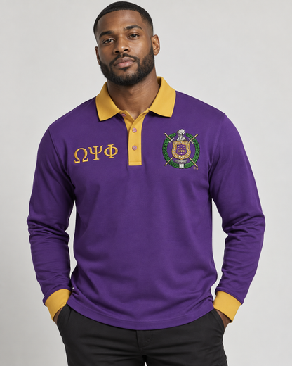 Omega Psi Phi man wearing purple long-sleeve polo with old gold collar, placket, cuffs, crest, and Greek letters