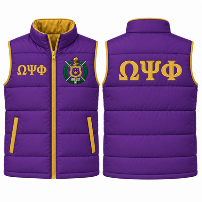 Omega Psi Phi purple and old gold custom embroidered puffer vest front and back
