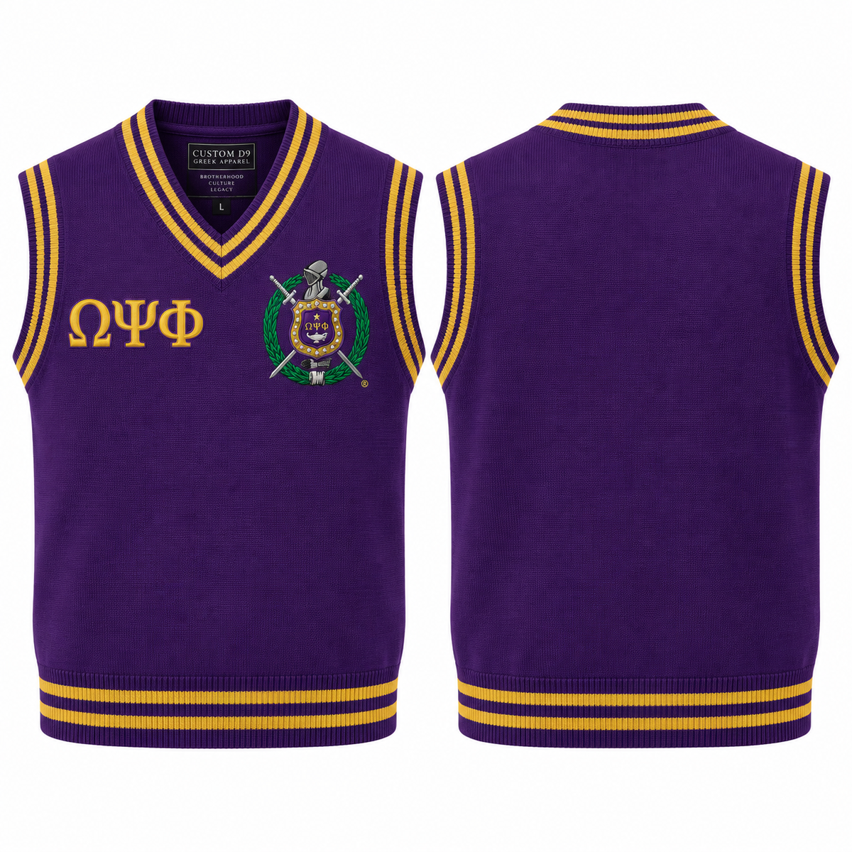 Omega Psi Phi purple and old gold varsity sweater vest with crest and Greek letters, front and back views