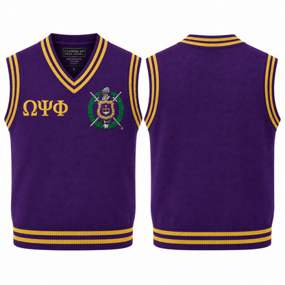 Omega Psi Phi purple and old gold varsity sweater vest with crest and Greek letters, front and back views