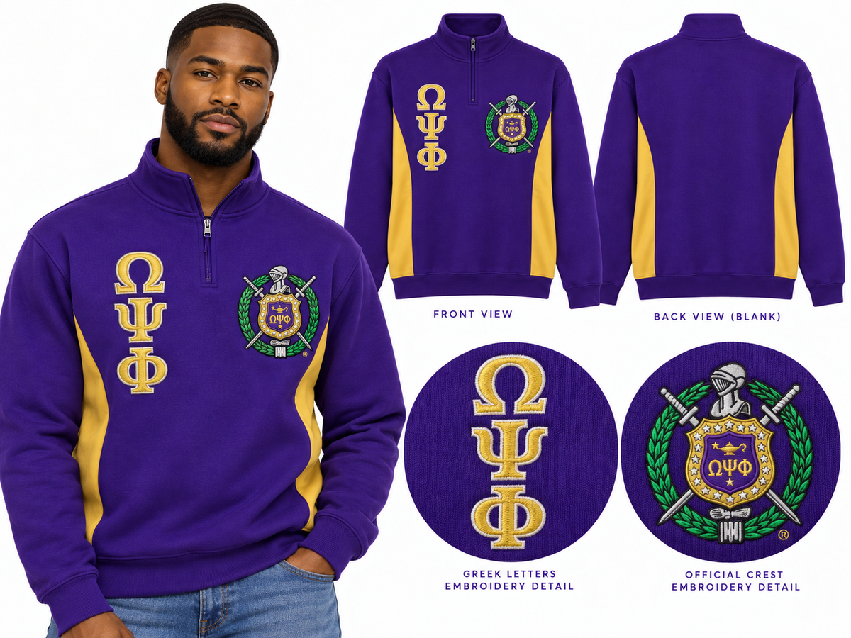 Purple and gold Omega Psi Phi quarter-zip pullover shown on a man with stacked Greek letters, crest, gold side panels, and blank back