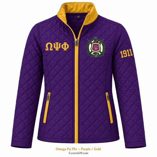 Omega Psi Phi purple and gold quilted jacket with crest, Greek letters, and 1911 sleeve embroidery