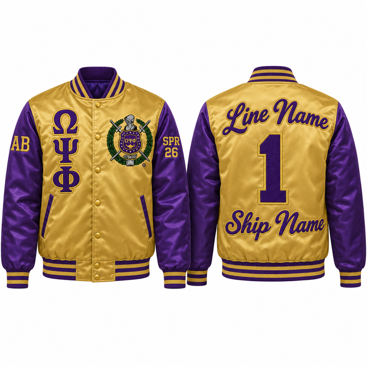 Gold and purple Omega Psi Phi satin bomber jacket shown front and back with sample line personalization